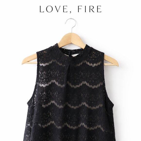Love Fire Tops - Love, Fire Black Lace Sleeveless Top XL Sheer Overlay Scalloped Hem Chic